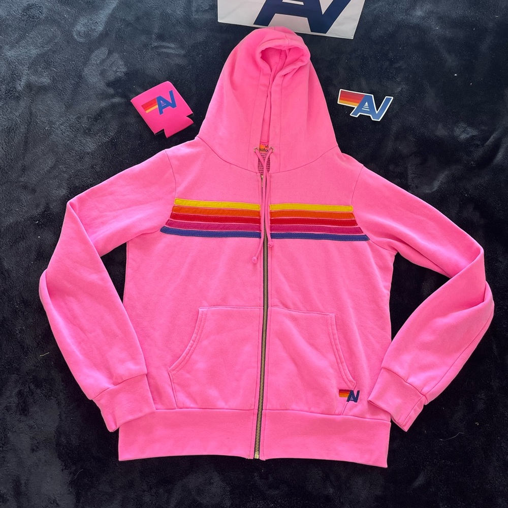 NWT AVIATOR NATION UNISEX 5 STRIPE HOODIE Size Medium Neon Pink